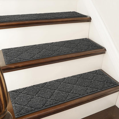 COSY HOMEER Edging Stair Treads Non-Slip Carpet Mat 28inX9in Indoor Stair Runners for Wooden Steps, Edging Stair Rugs for Kids and Dogs, 100% Polyester TPE Backing (15pc, Brown)