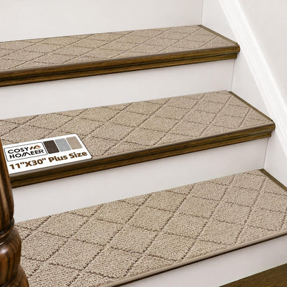 COSY HOMEER Edging Stair Treads Non-Slip Carpet Mat 28inX9in Indoor Stair Runners for Wooden Steps, Edging Stair Rugs for Kids and Dogs, 100% Polyester TPE Backing (15pc, Brown)