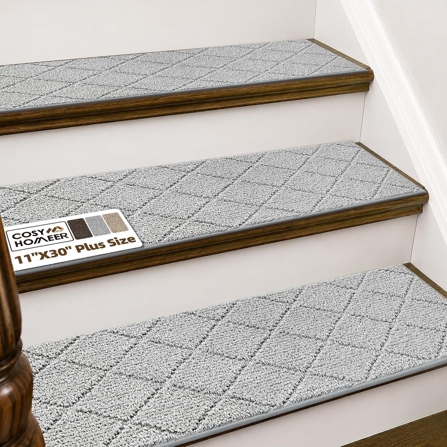 COSY HOMEER Edging Stair Treads Non-Slip Carpet Mat 28inX9in Indoor Stair Runners for Wooden Steps, Edging Stair Rugs for Kids and Dogs, 100% Polyester TPE Backing (15pc, Brown)