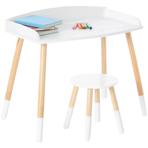 Modern Study Desk And Stool Set - White/Natural