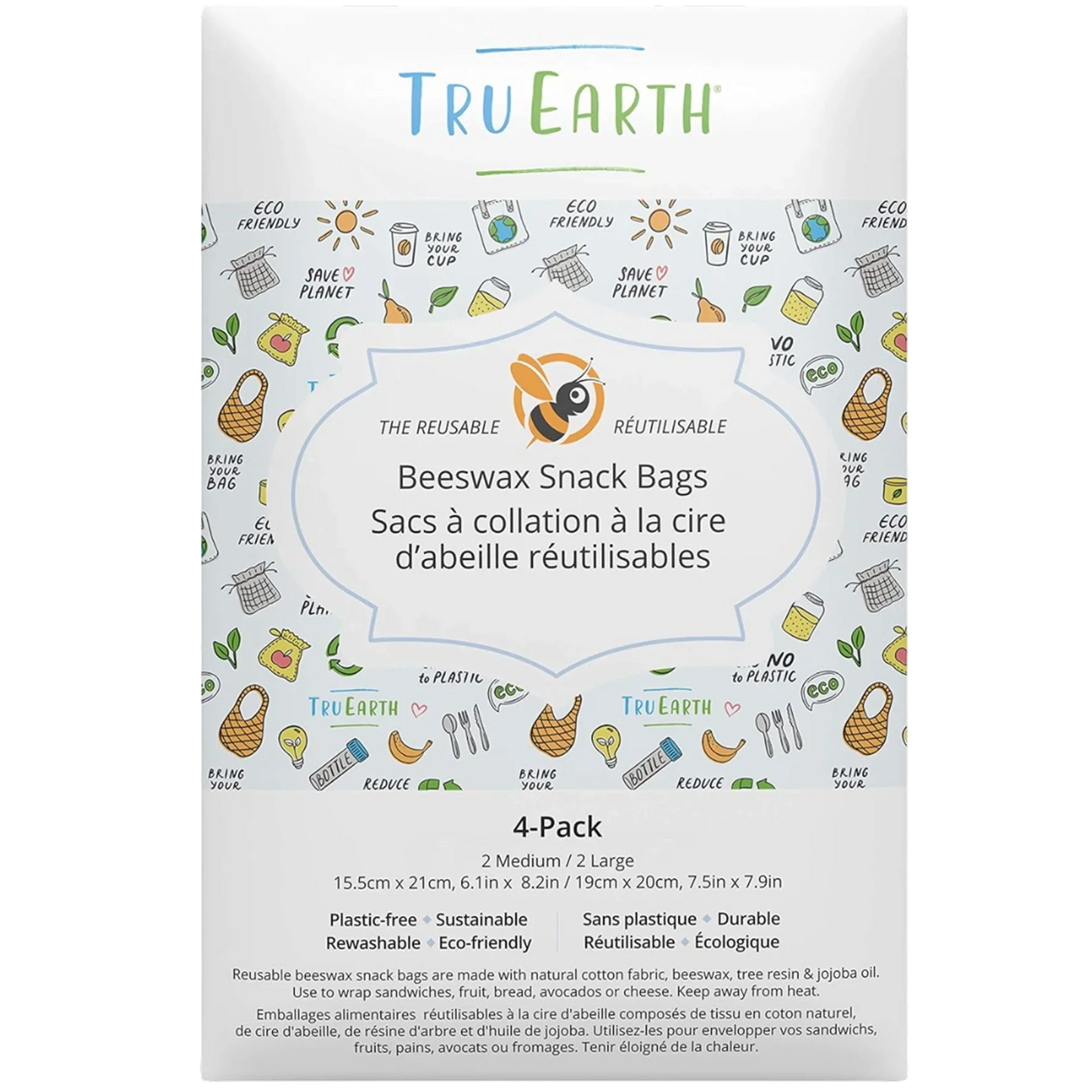 Beeswax Snack Bags 4 Pack - Contains 2 Medium & 2 Large Bags