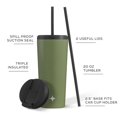 Vacuum Insulated Tumbler with Straw & Flip Lids (Green) 20oz