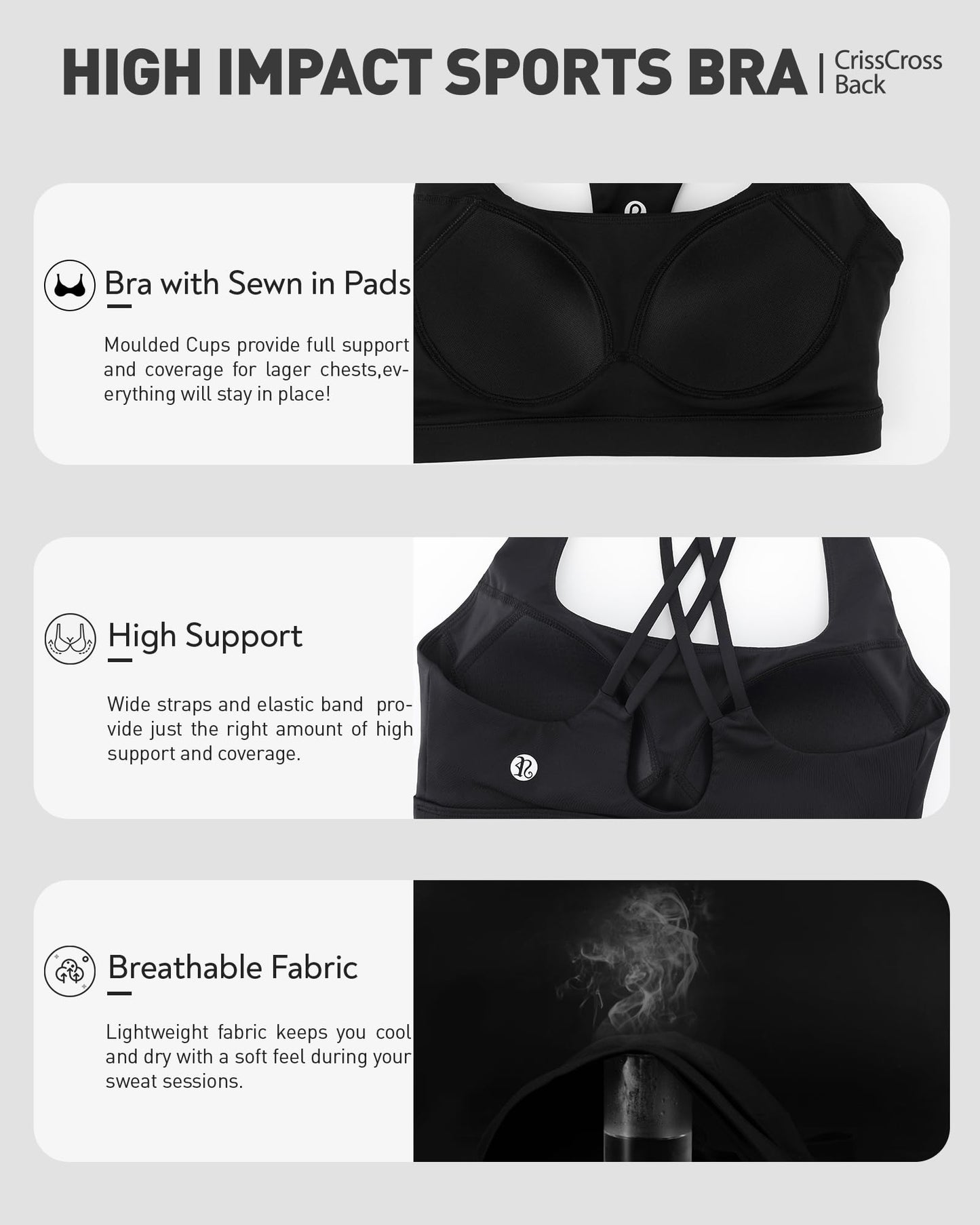 RUNNING GIRL® Medium-High Support Crisscross Back Sports Bra with Sewn-in Molded Cups