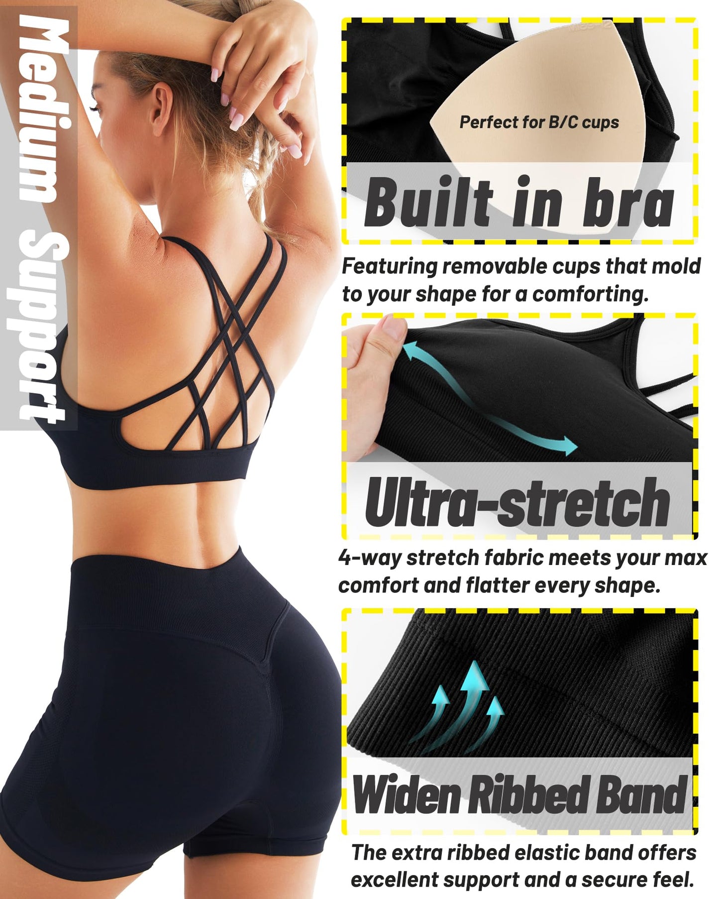 RUNNING GIRL® Strappy Yoga Bra | Built-in Shelf Bra with Push Up Support for B/C Cups