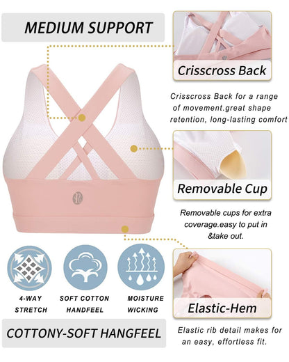 RUNNING GIRL® Medium-Support Criss-Cross Sports Bra | Removable Pads & Strappy Back