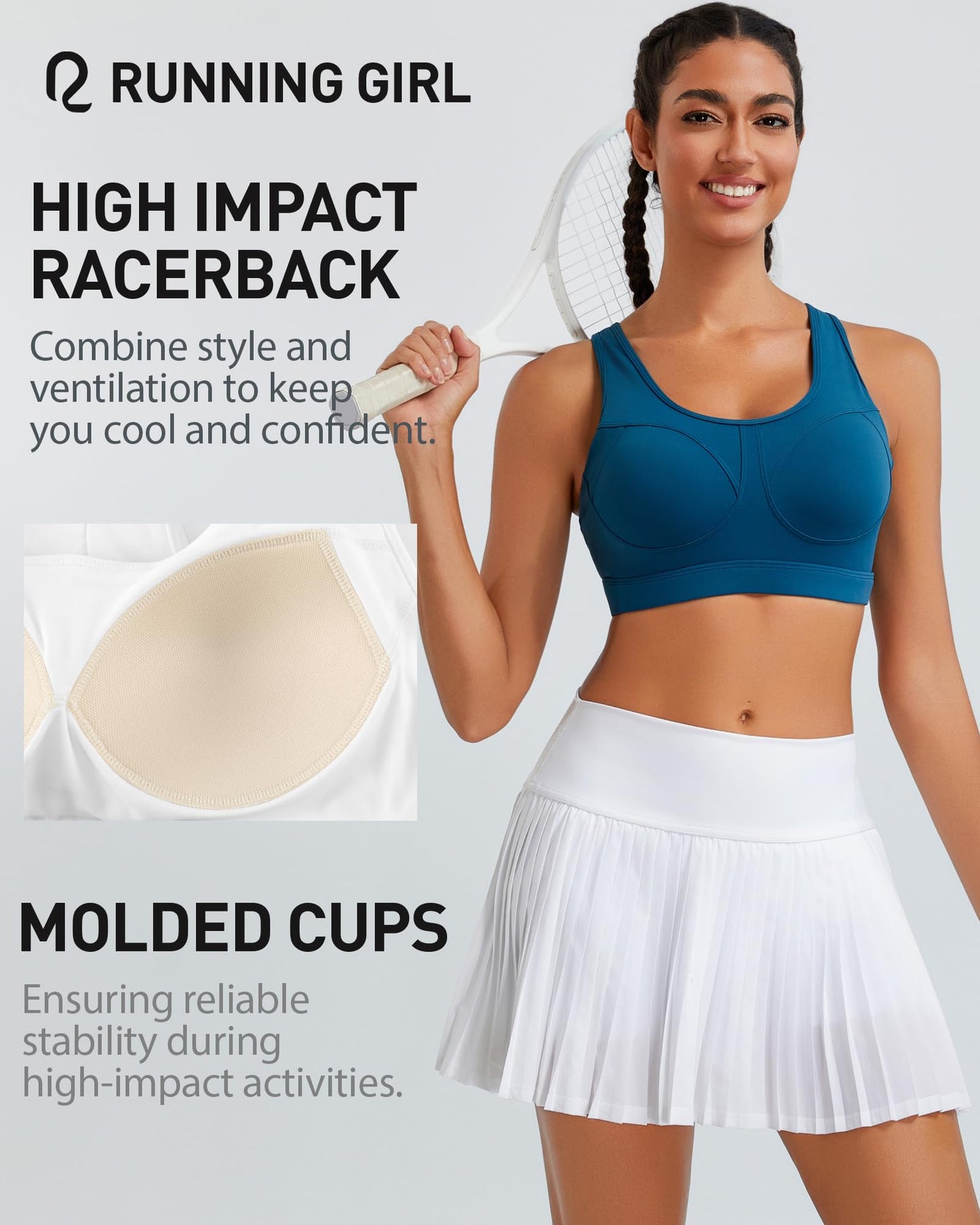 RUNNING GIRL® High-Impact Racerback Sports Bra | Molded Cup High Support Bra for Women