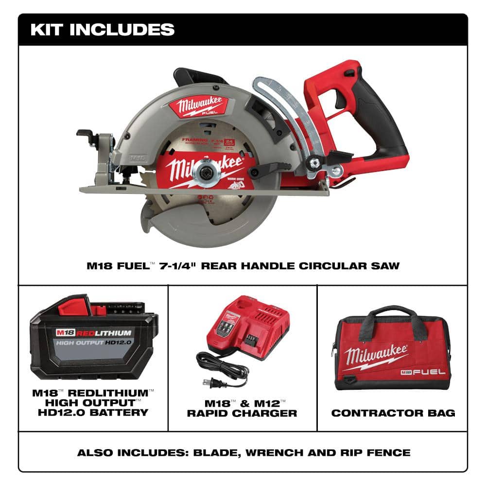 M18 FUEL 18V 7-1/4 in. Lithium-Ion Cordless Rear Handle Circular Saw Kit with 12.0 Ah Battery and Rapid Charger