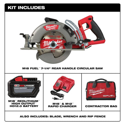 M18 FUEL 18V 7-1/4 in. Lithium-Ion Cordless Rear Handle Circular Saw Kit with 12.0 Ah Battery and Rapid Charger