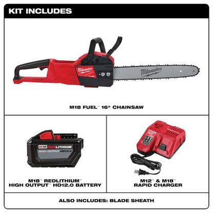 M18 FUEL 16 in. 18V Lithium-Ion Brushless Battery Chainsaw Kit with 12.0 Ah Battery and M18 Rapid Charger