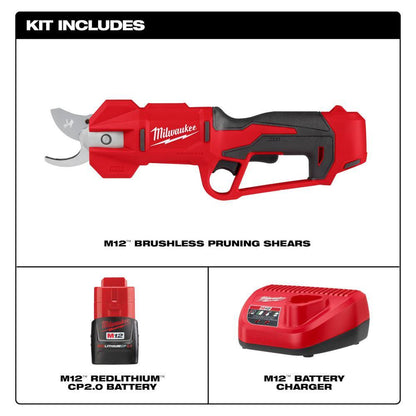 M12 12V Cordless Brushless Pruner Shears Kit W/ 2.0 Ah Battery & Charger