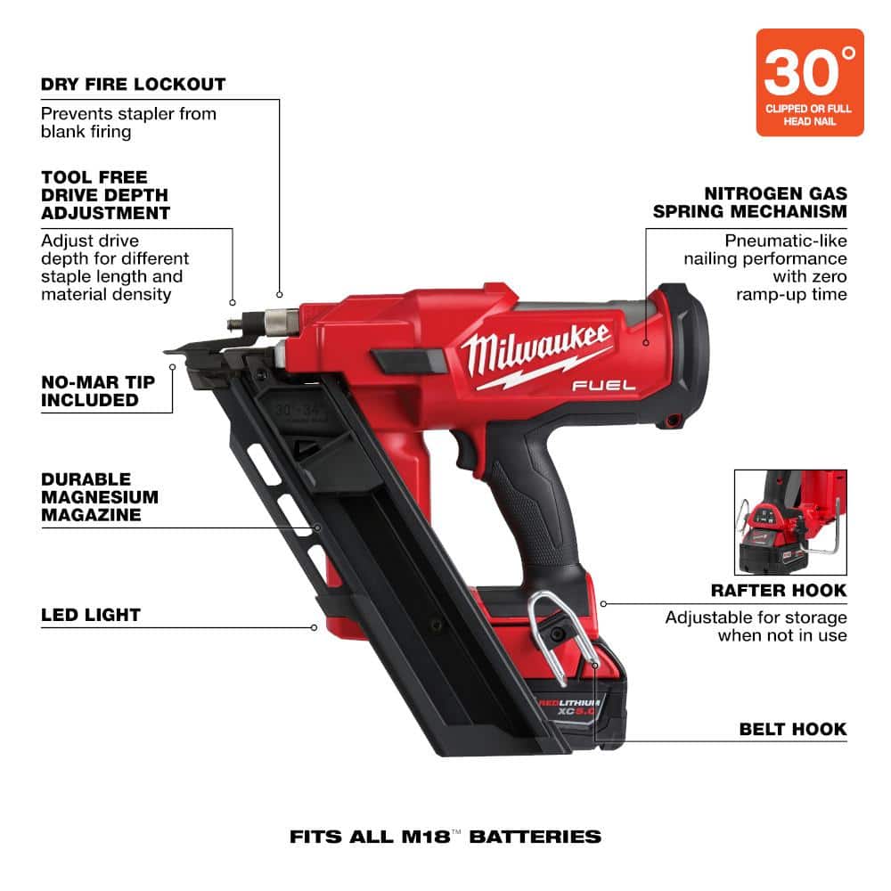 M18 FUEL 3-1/2 in. 18-Volt 30-Degree Lithium-Ion Brushless Cordless Framing Nailer Kit with 5.0 Ah Battery Charger, Bag