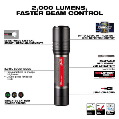 2,000 Lumens REDLITHIUM USB Slide Focus Flashlight