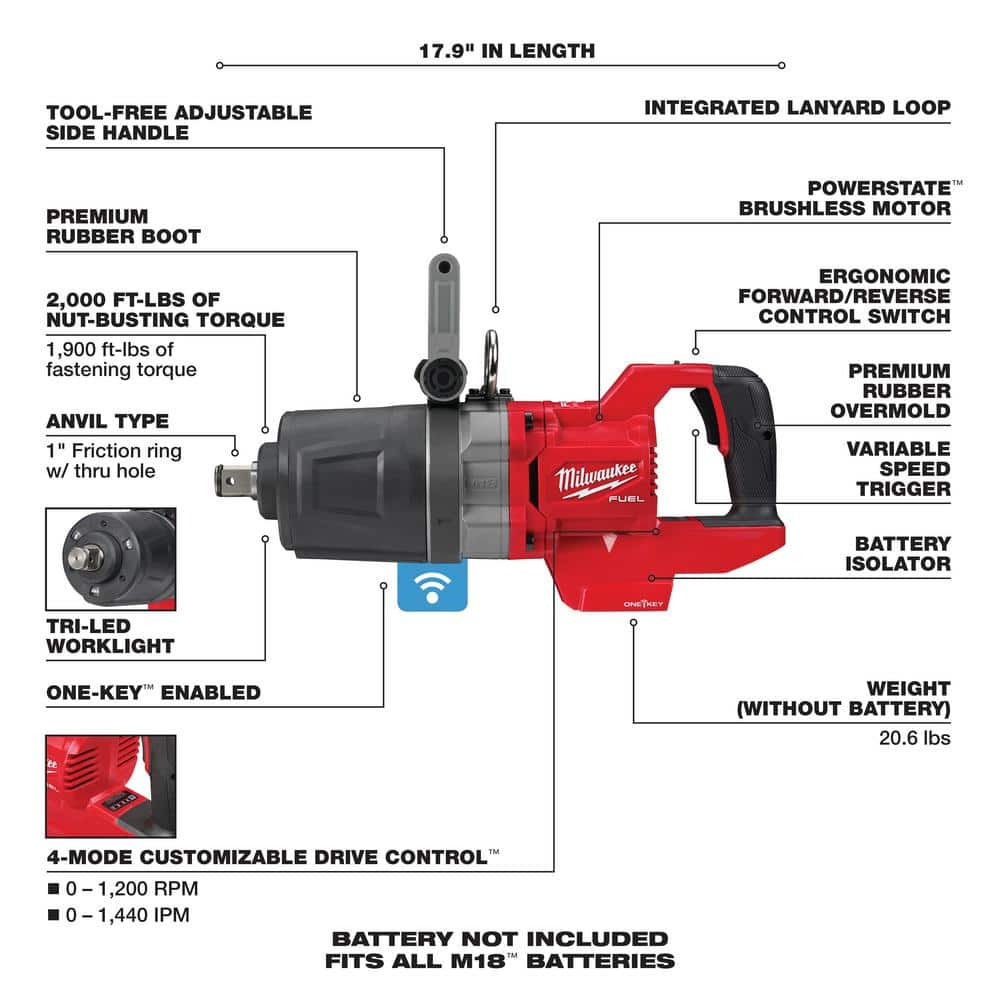 M18 FUEL 18V Lithium-Ion Brushless Cordless 1 in. Impact Wrench with D-Handle (Tool-Only)