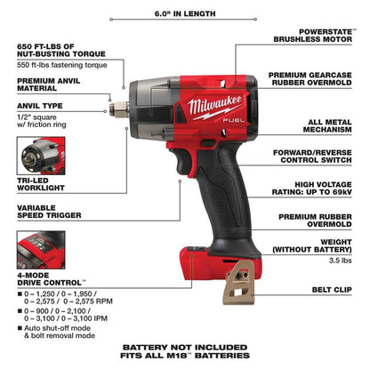 M18 FUEL Gen-2 18V Lithium-Ion Brushless Cordless Mid Torque 1/2 in. Impact w/Fring w/5.0 ah Resistant Battery