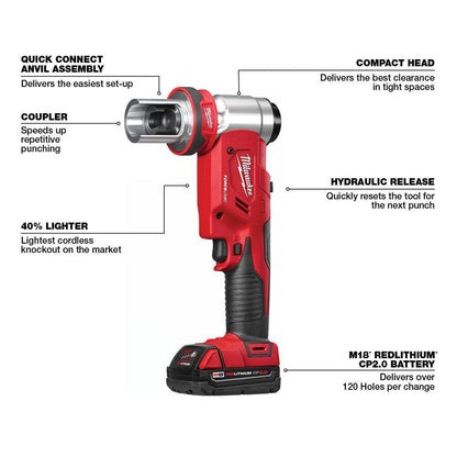 M18 18V Lithium-Ion Cordless FORCE LOGIC 6 Ton Knockout Tool 1/2 in. to 2 in. Kit w/(1) 2.0 Ah Battery, Die Set