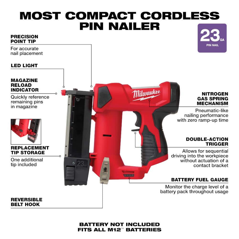 M12 12-Volt 23-Gauge Lithium-Ion Cordless Pin Nailer (Tool-Only)