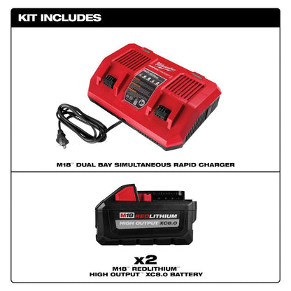 M18 18V Lithium-Ion Dual Bay Rapid Battery Charger w/ (2) 8Ah HIGH OUTPUT Batteries