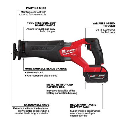M18 FUEL 18V Lithium-Ion Brushless Cordless SAWZALL Reciprocating Saw Kit W/one 5.0 Ah Batteries, Charger and Case