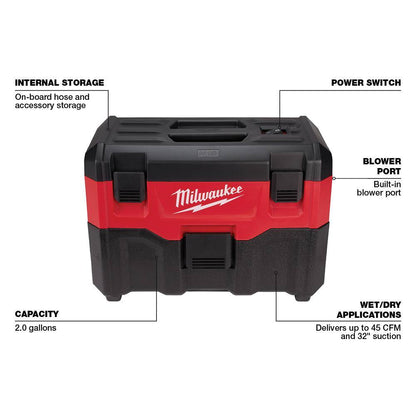 M18 18-Volt 2 Gal. Lithium-Ion Cordless Wet/Dry Vacuum w/One 5.0 Ah and One 2.0 Ah Battery and Charger